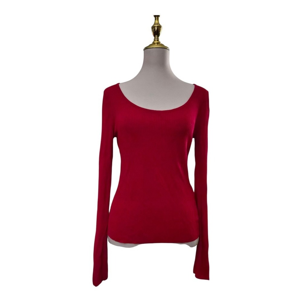 MSGM Milano Women's Ribbed Long Sleeve Scoop Neck‎ Knit Top Red Size M Viscose